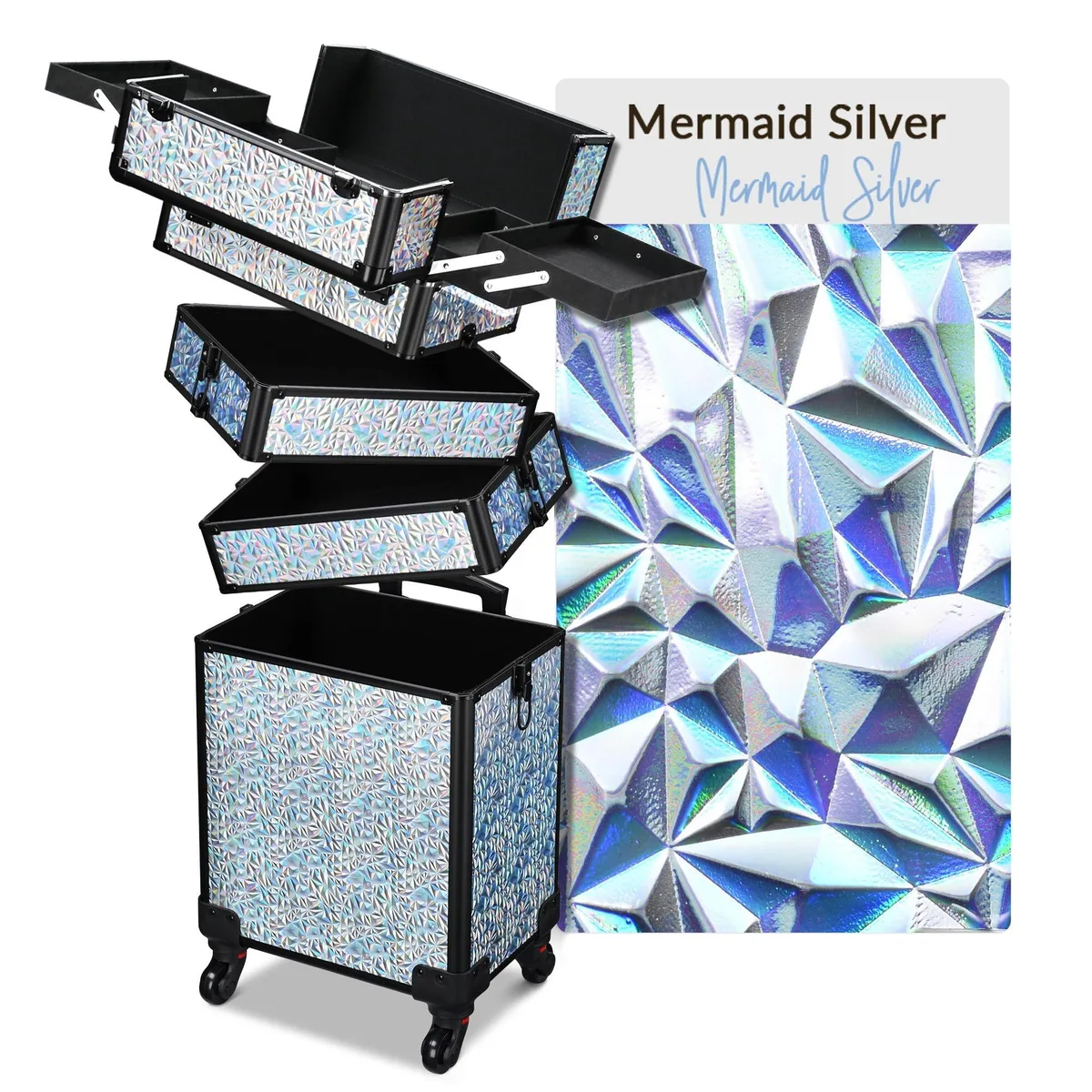 Byootique Byootique Mermaid Silver 4-in-1 Rolling Makeup Train Case Cosmetic Organizer — product photo