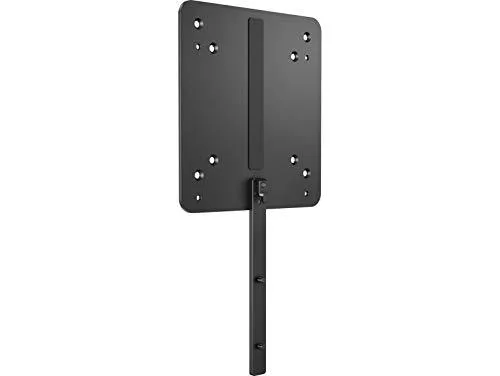Black metal mounting bracket with screw holes and slots for attaching a mini PC behind a monitor