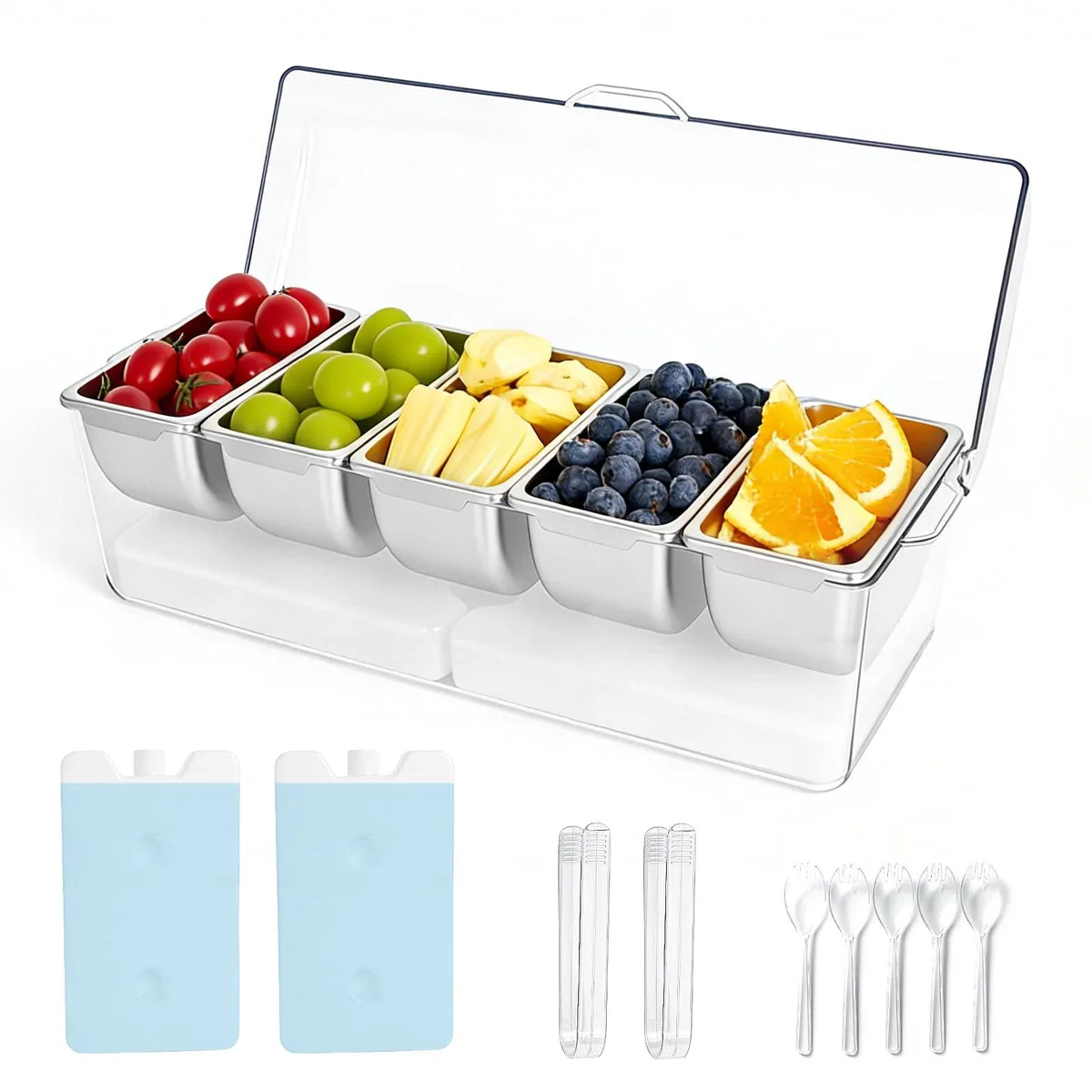 DNBeffulgent DNBeffulgent Chilled Condiment Caddy 5 Compartments 14 oz 16 oz 2 Ice Packs 7 Utensils Transparent 10.8 in — product photo