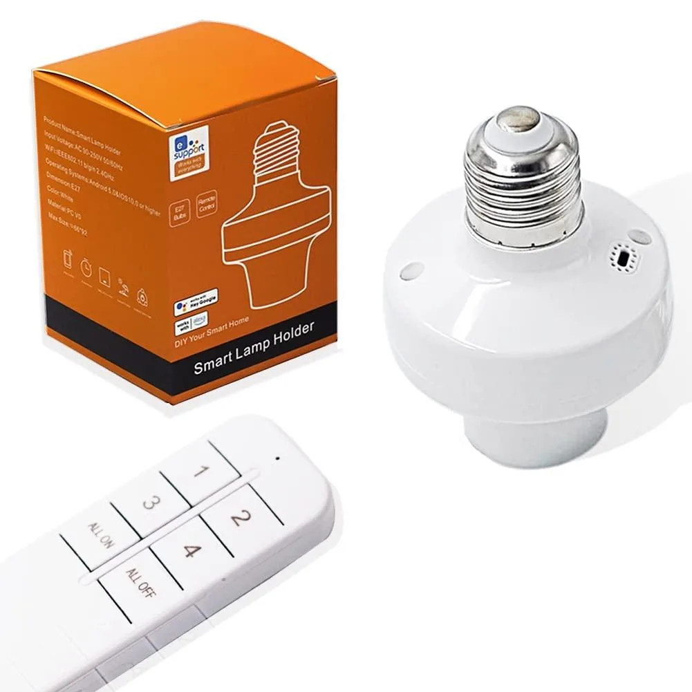 White E26 E27 smart light socket adapter with handheld remote, 66 x 66 x 92 cm, ABS plastic, 100 W 230 V