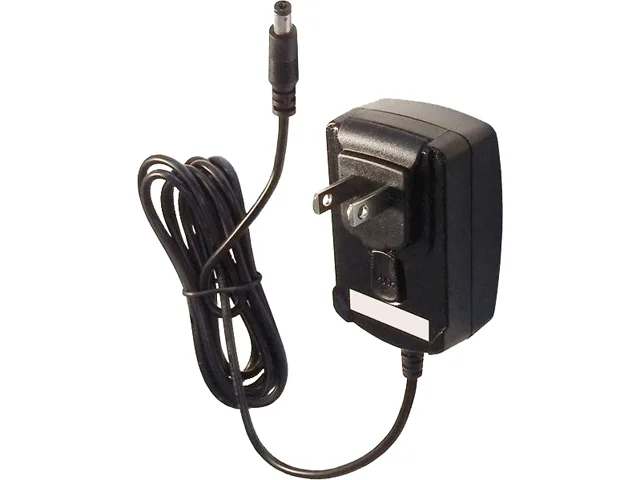 White rectangular wall power adapter with folding US prongs and barrel output connector