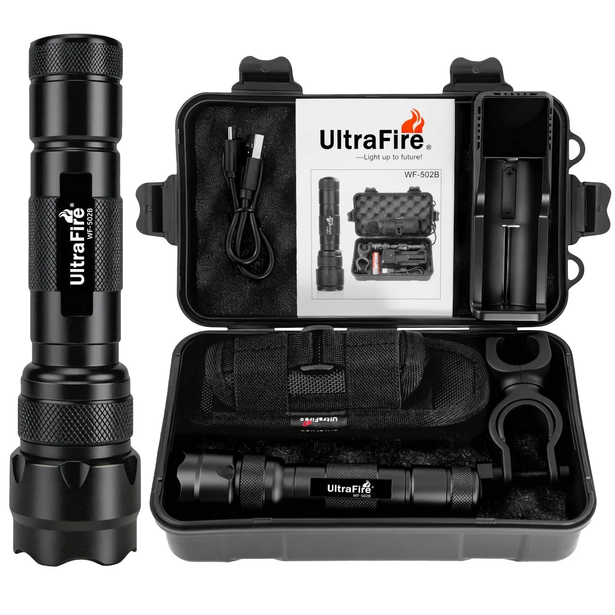 Black cylindrical tactical flashlight with belt holster, bike mount, and USB charger kit