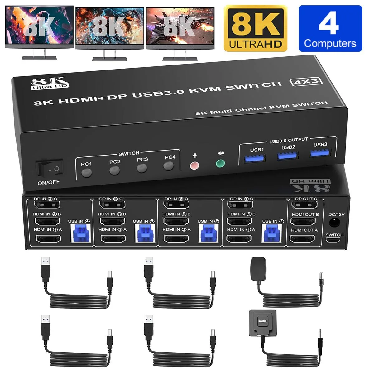 Hitoor Hitoor 403KVM KVM Switch 4-Port 3 Monitor 8K 60Hz 4K 144Hz 2 HDMI DP — product photo