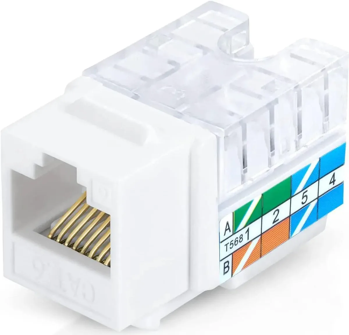 Fifty white slim keystone jacks with 90-degree ports arranged in rows