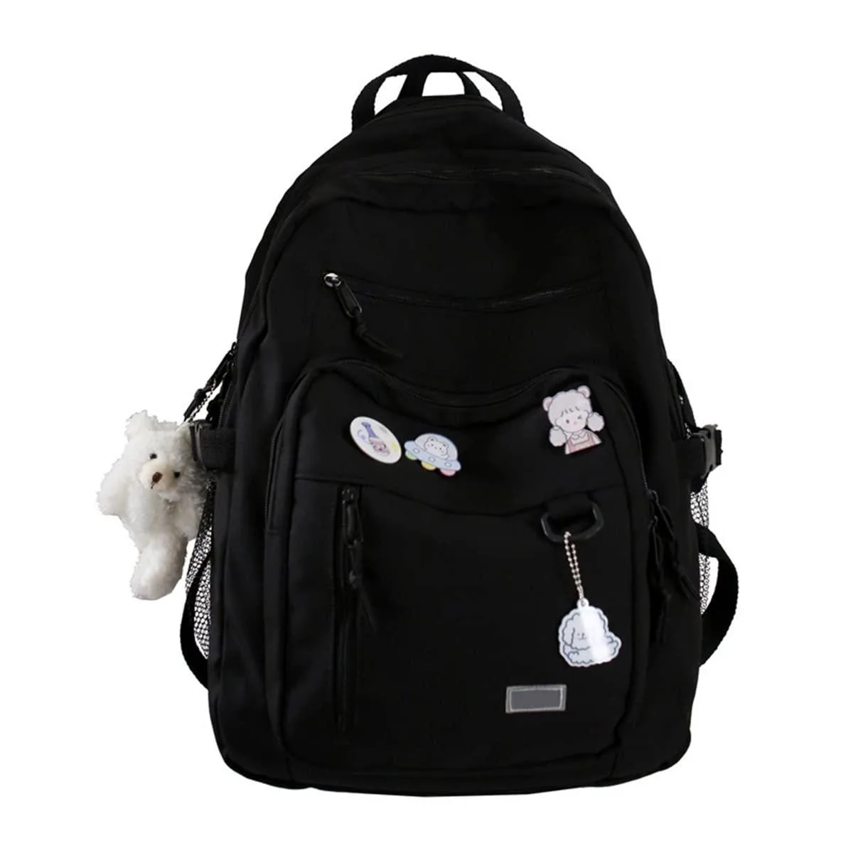 Beige nylon laptop backpack with front zip pocket and side bottle pockets
