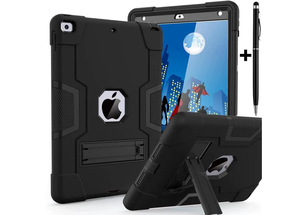 Black rugged iPad 10.2 case with kickstand and stylus pen