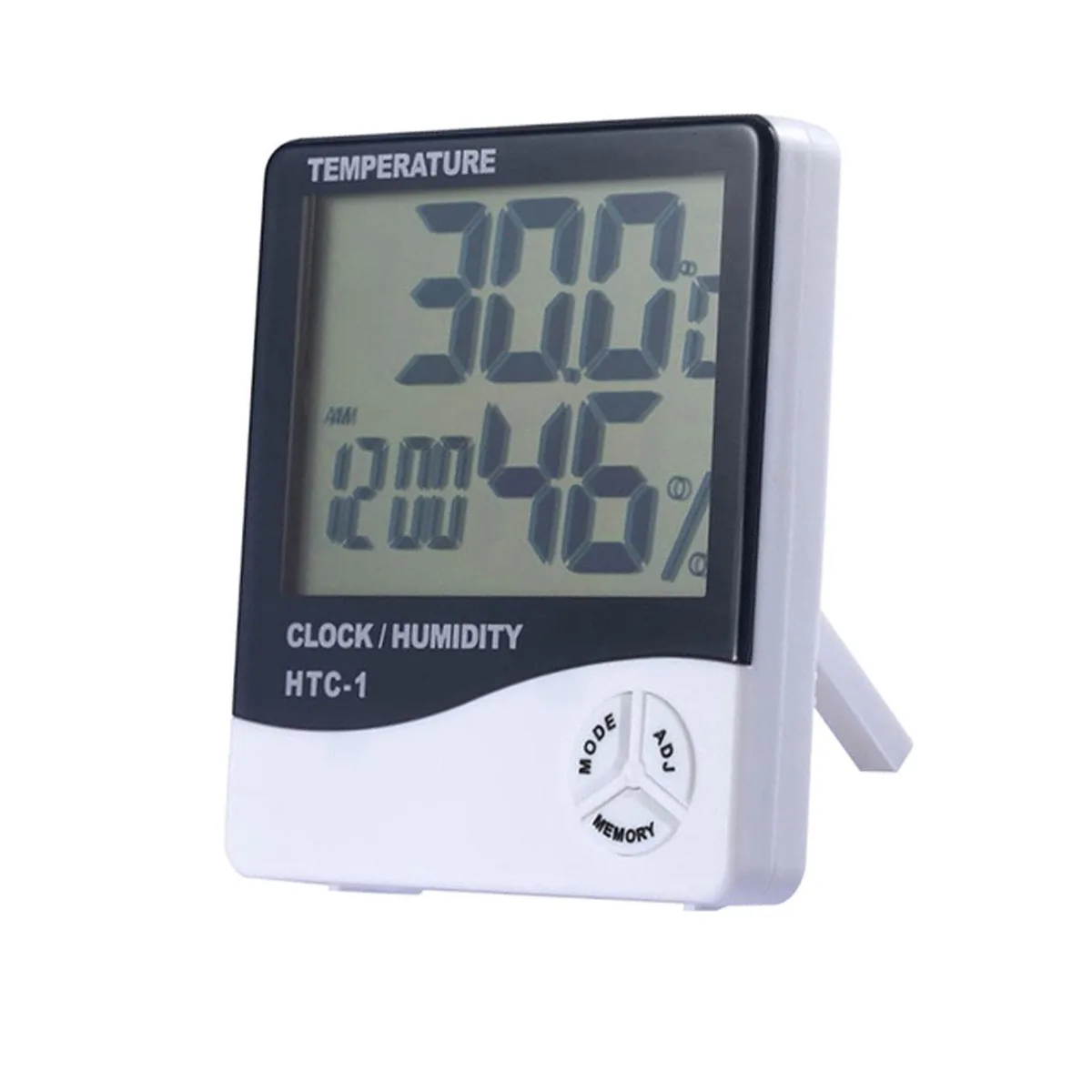 Black rectangular digital thermometer hygrometer with LCD screen showing temperature humidity and clock time