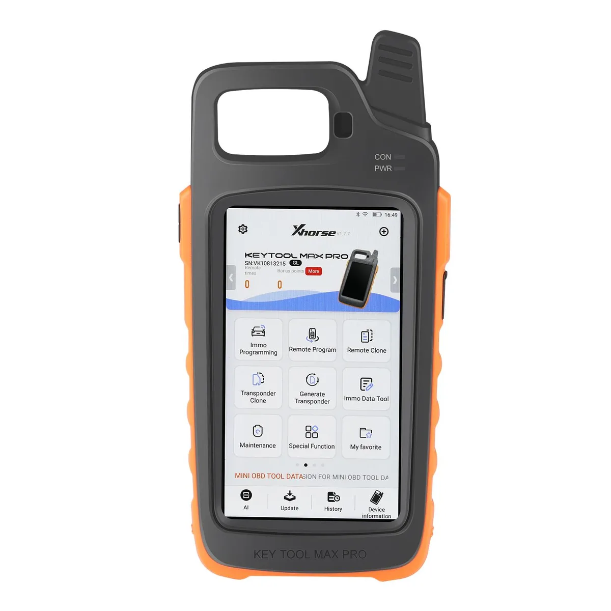 Handheld automotive key programmer with built-in OBD module, dark matte finish, colour touchscreen