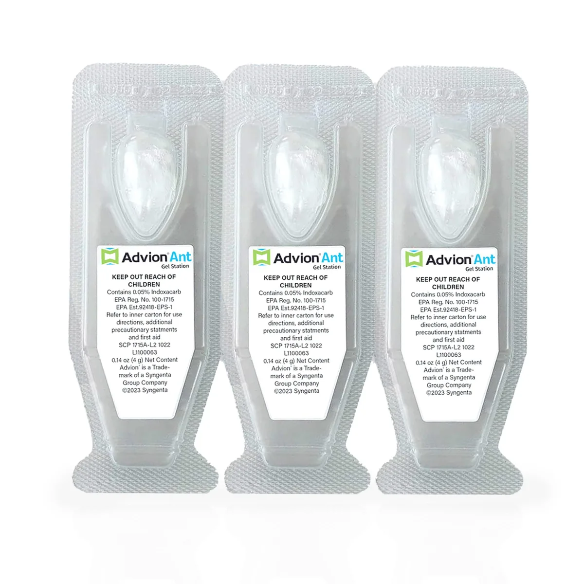 Three small rectangular white plastic ant bait stations in a row