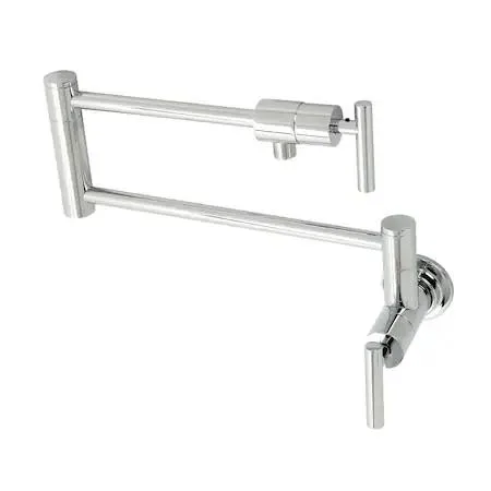Polished brass wall-mounted pot filler with foldable swing arms and dual handles