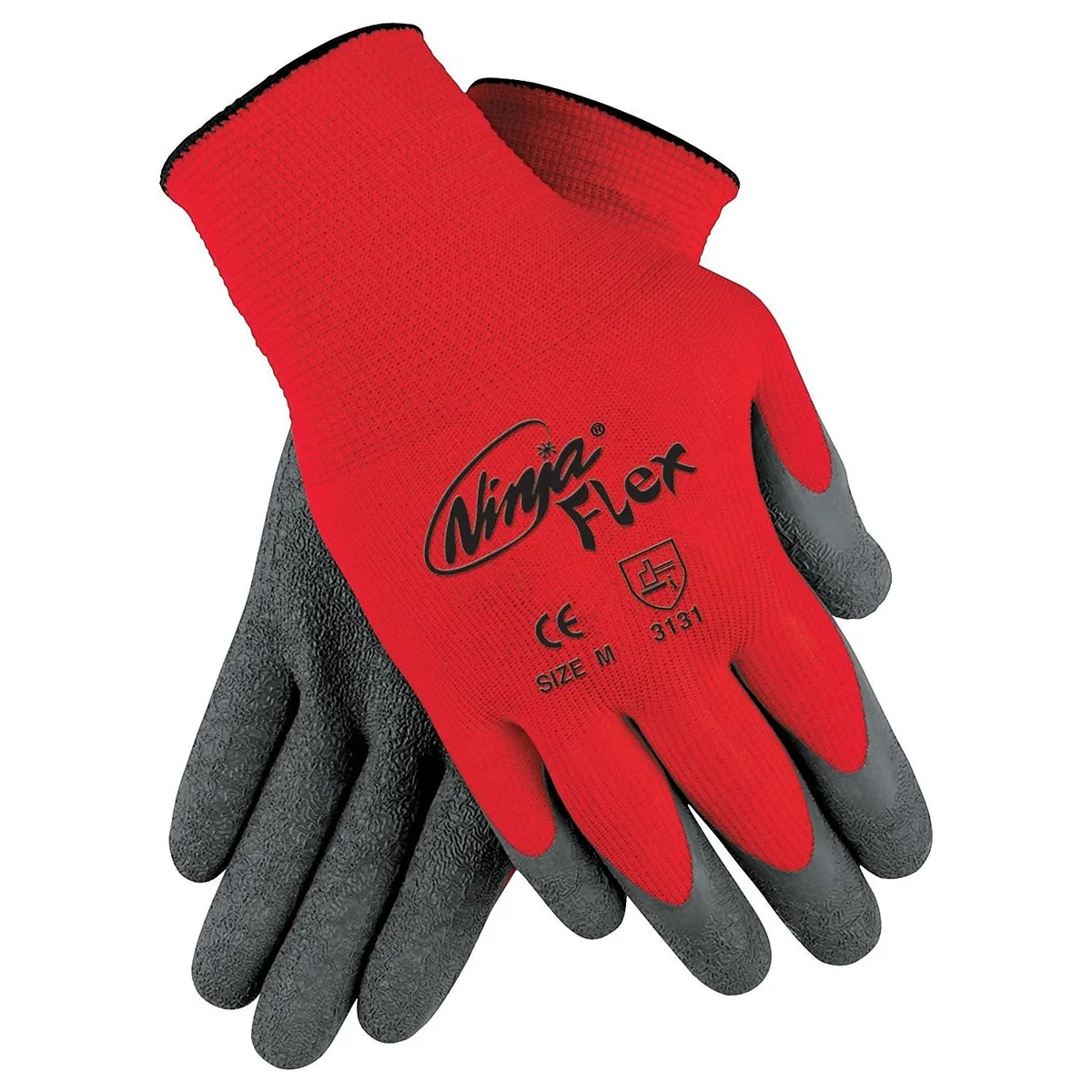 Grey and red nylon work gloves with crinkle latex palm coating and white knit-wrist cuffs, shown as a pair