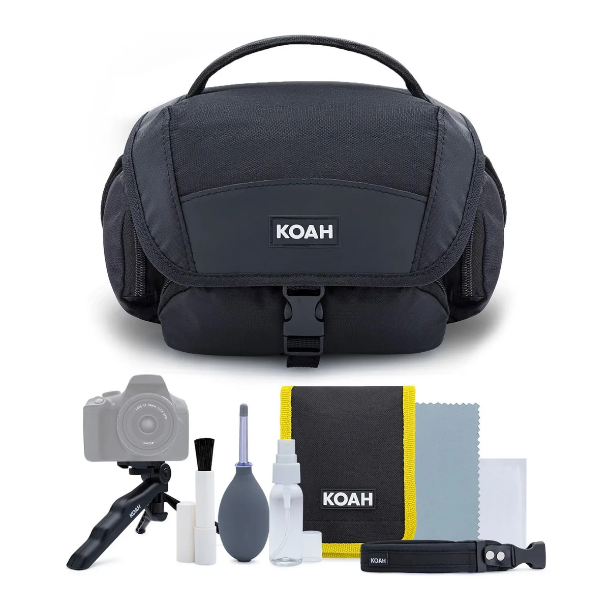 Black semi-soft camera bag with padded dividers, shoulder strap, zippered pockets and included cleaning kit with mini tripod