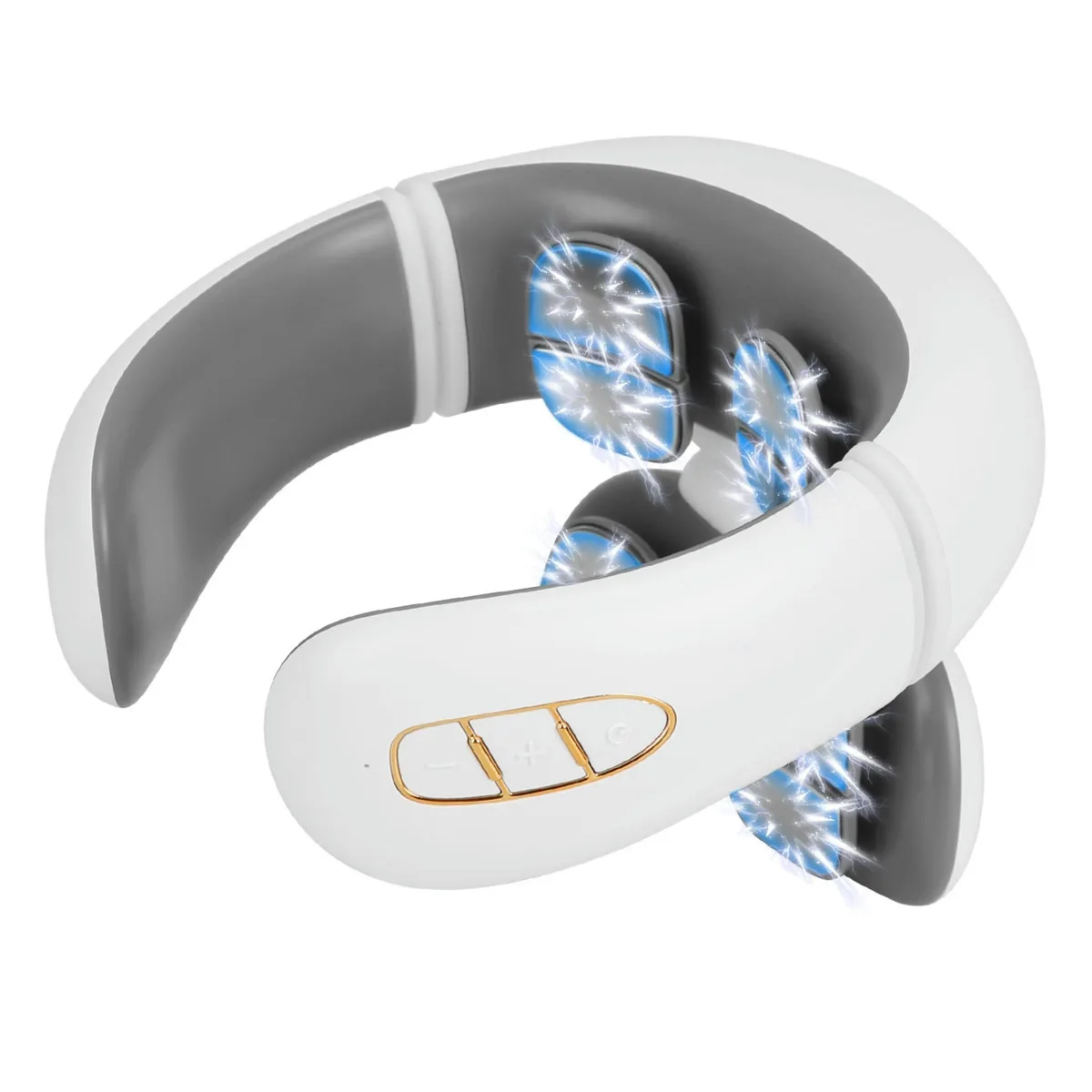 White cordless neck massager with eight massage heads and remote control