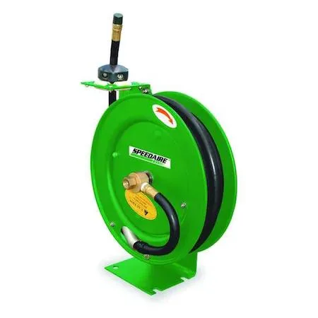 Black rubber hose on open steel spring-return reel 35 ft 3/8 in 300 psi 17 in high