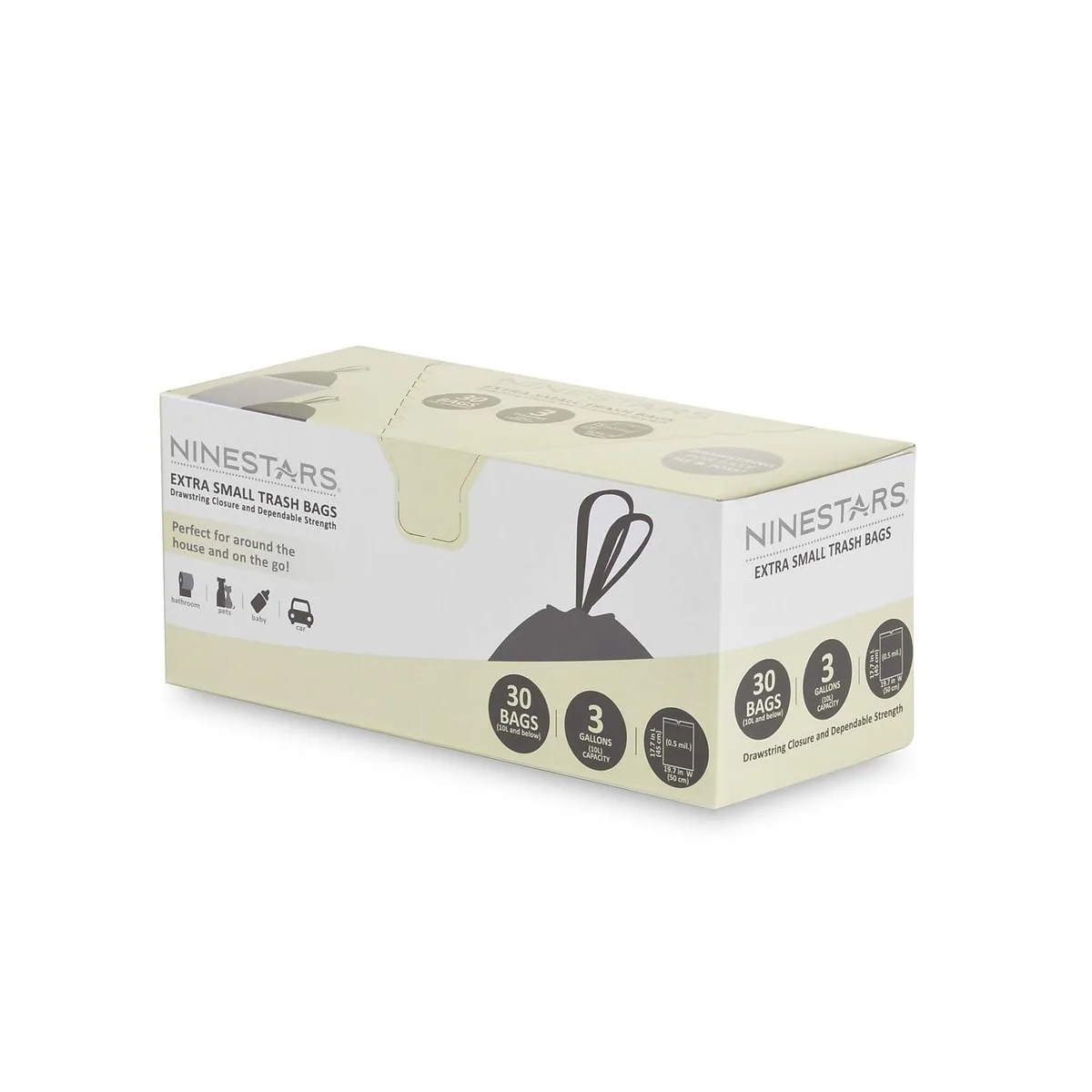 White polypropylene trash bags in a 30-count pack with drawstring closure