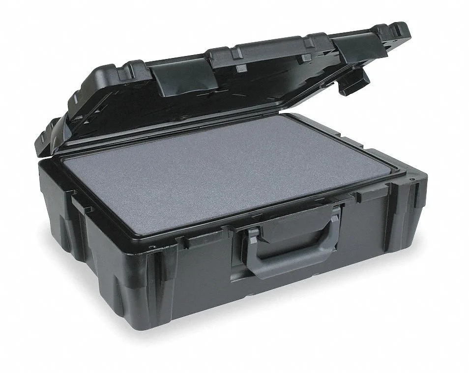 Black plastic protective case 28.75in long with four latches and folding handle