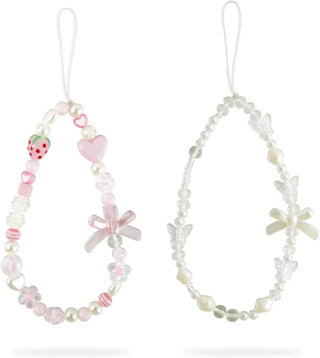 Pink beaded wrist strap set with strawberry and bow charms