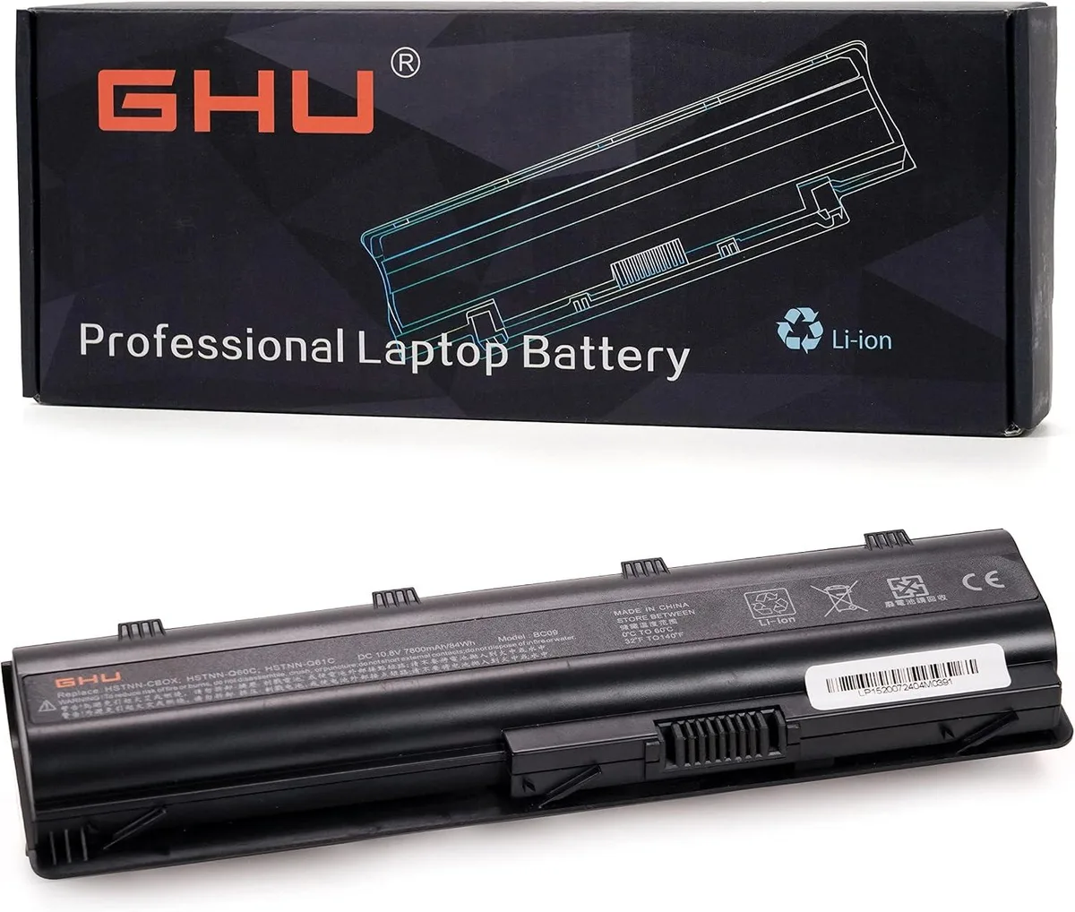 Rectangular 9-cell lithium-ion laptop battery in black plastic finish
