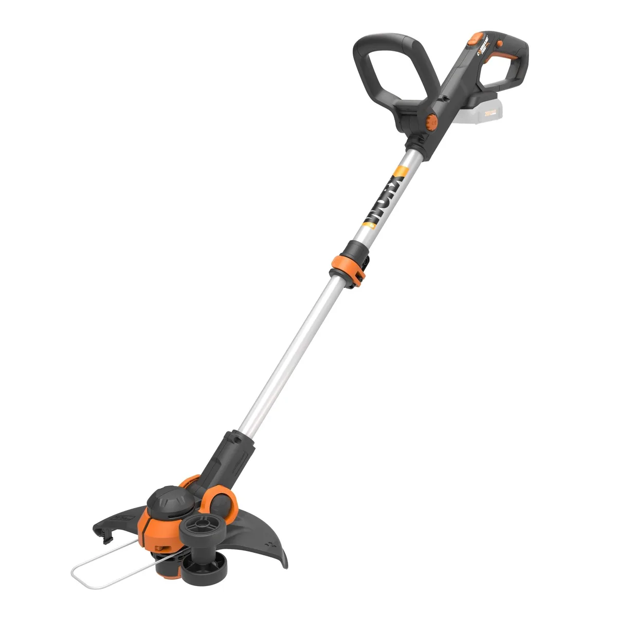 Green cordless trimmer with 12 inch cutting head, telescopic shaft, adjustable handle and pivoting edger wheel