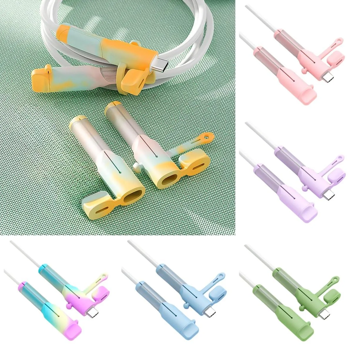 Orange silicone cable protectors with dust caps and elastic straps, twelve pieces in six sets