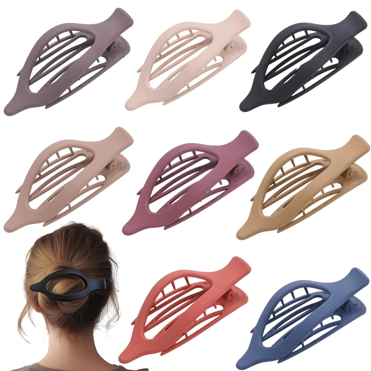 Eight flat matte hair clips in neutral tones, lightweight plastic with spring teeth