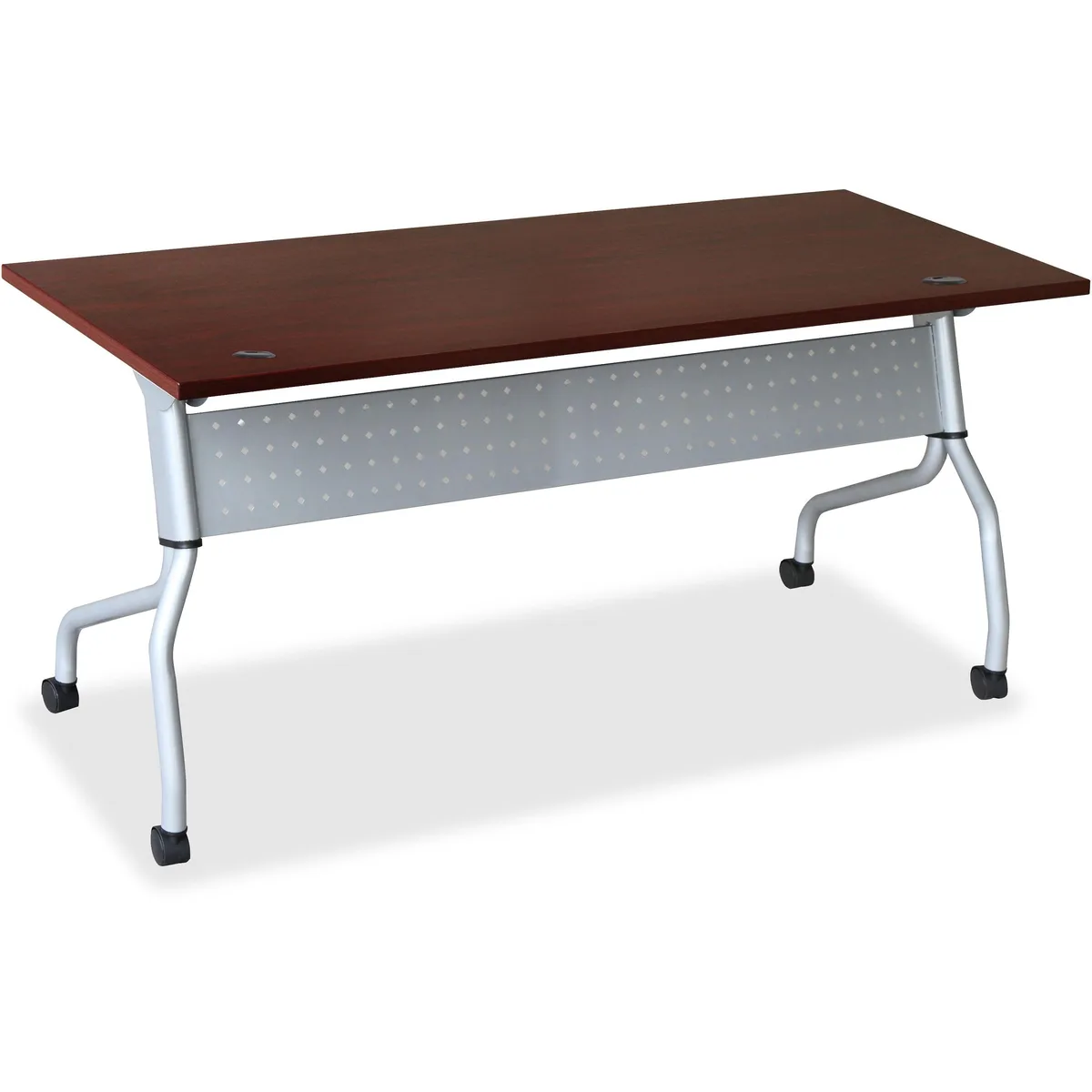 Rectangular mahogany training table, folded metal legs with casters