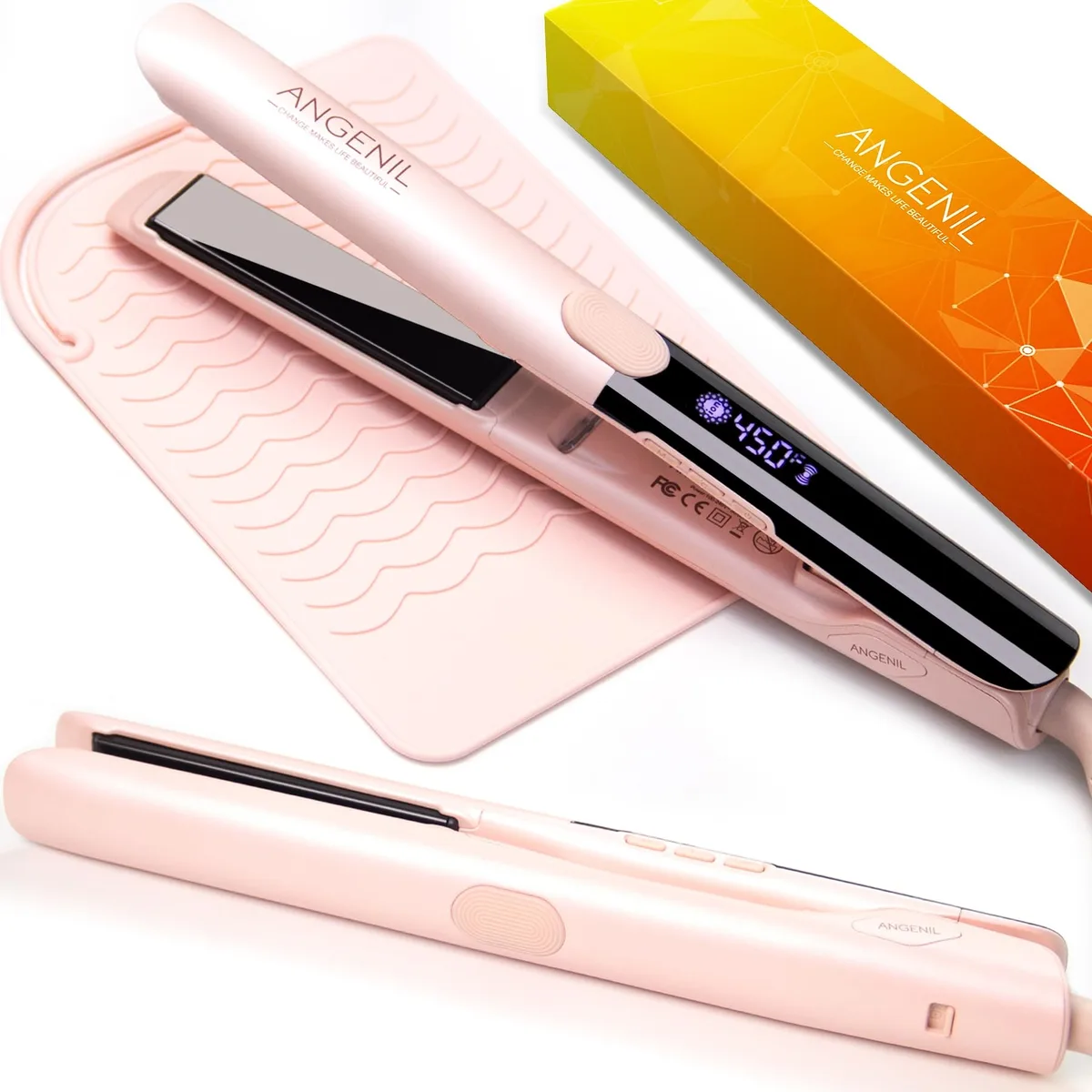 Blush pink flat iron with rounded plates, LCD screen and heat resistant mat