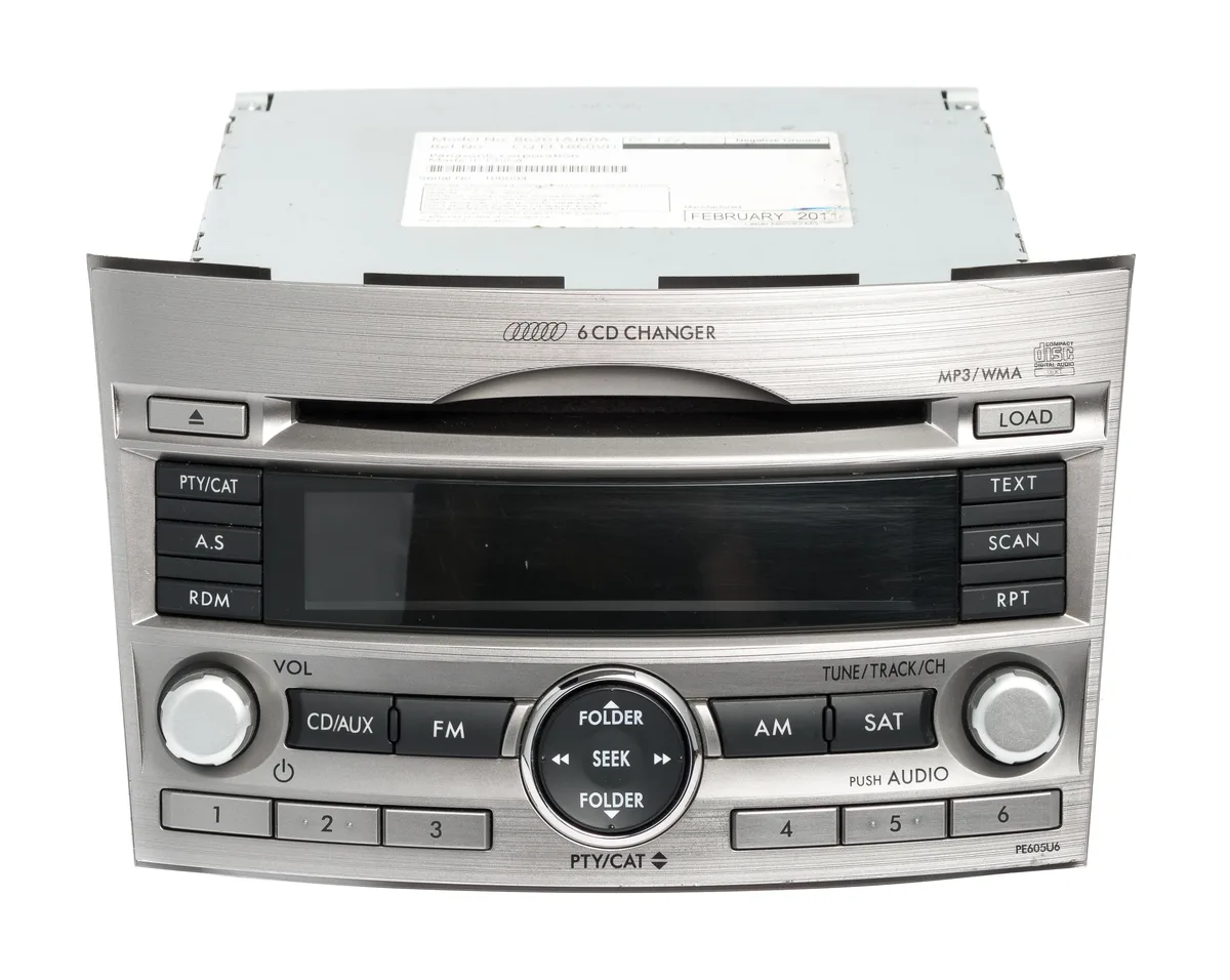1 Factory Radio 1 Factory Radio 86201-AJ60A receiver 2010-2012 Subaru Legacy AM FM XM 6 Disc CD MP3 Option PE605U6 — product photo