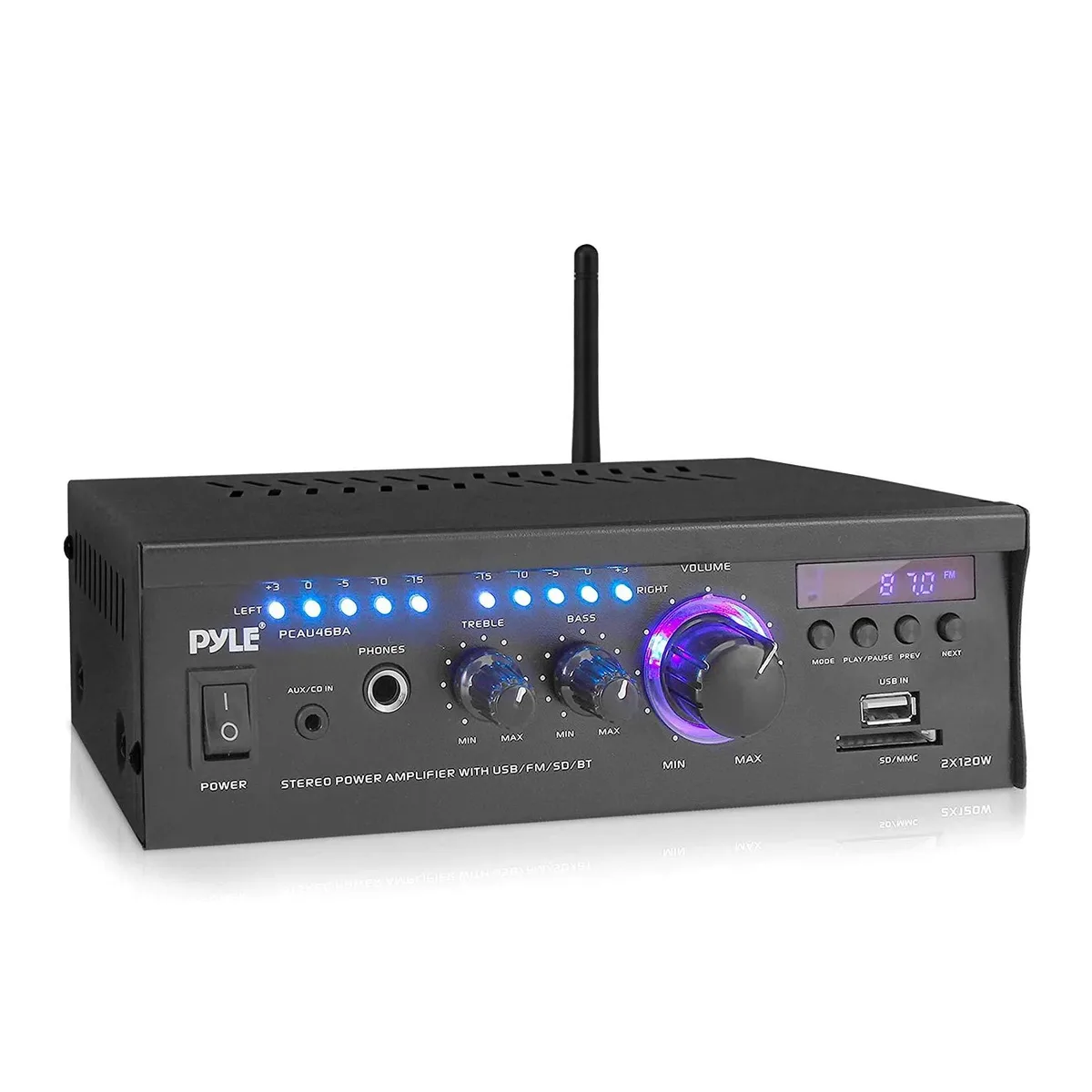 Black compact stereo receiver with blue LED display and front panel controls