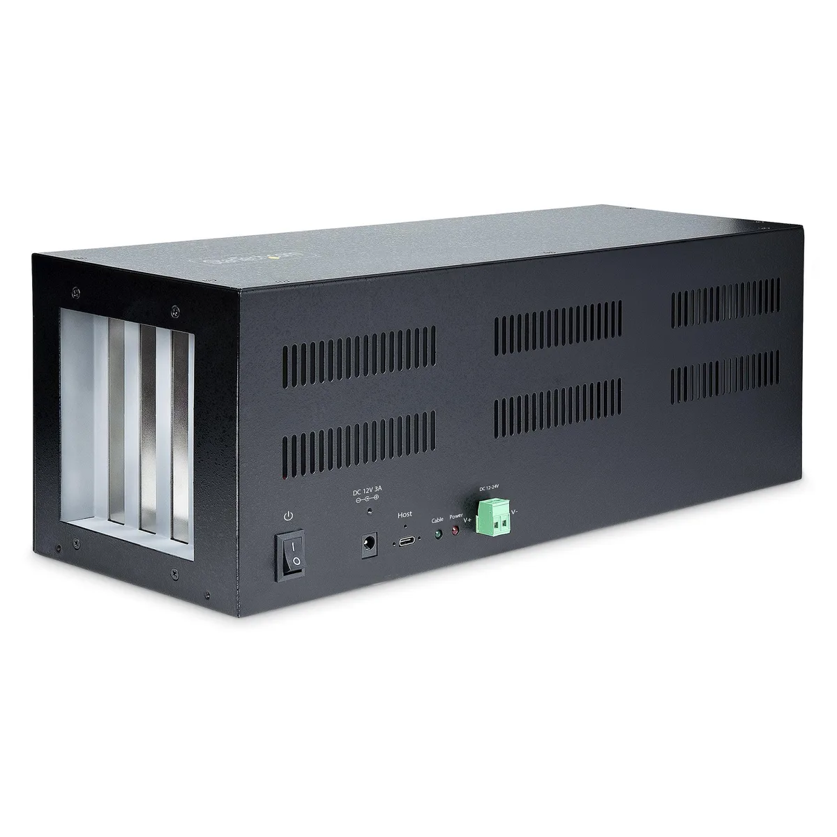 Silver rectangular metal enclosure with four rear PCIe slot openings and ventilation grilles