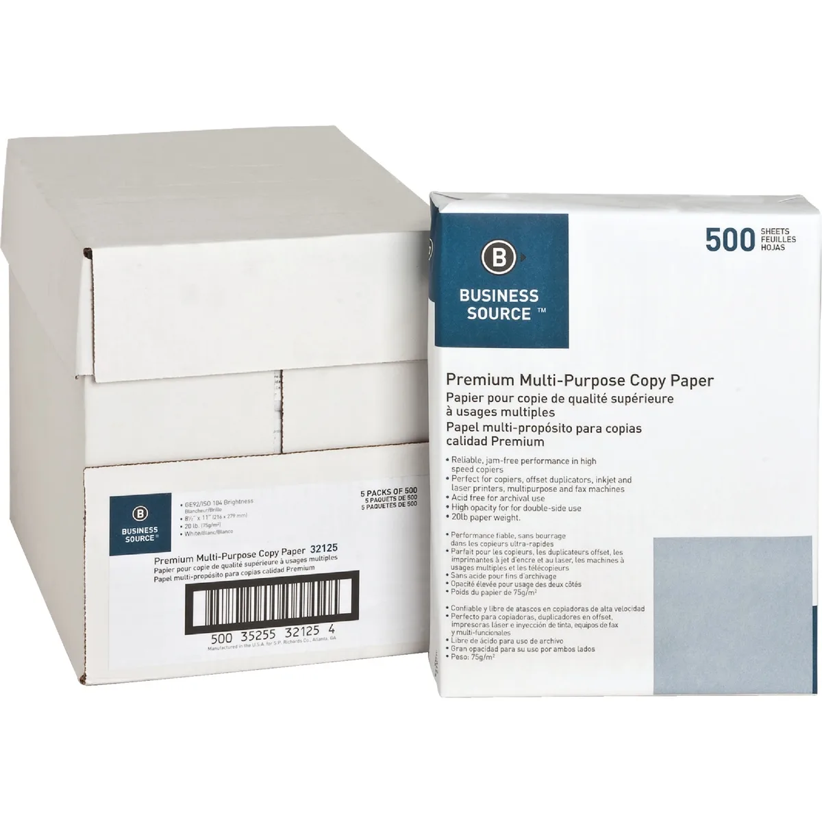 Business Source Business Source 32125 Multipurpose Paper 20lb 92 Bright 8-1/2x11 2500 Sheets — product photo