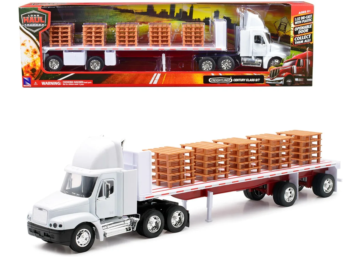 New Ray Toys New Ray Toys Freightliner Century Class S/T Flatbed White w/Pallet Accessories Long Haul Trucker 1/32 Diecast — product photo