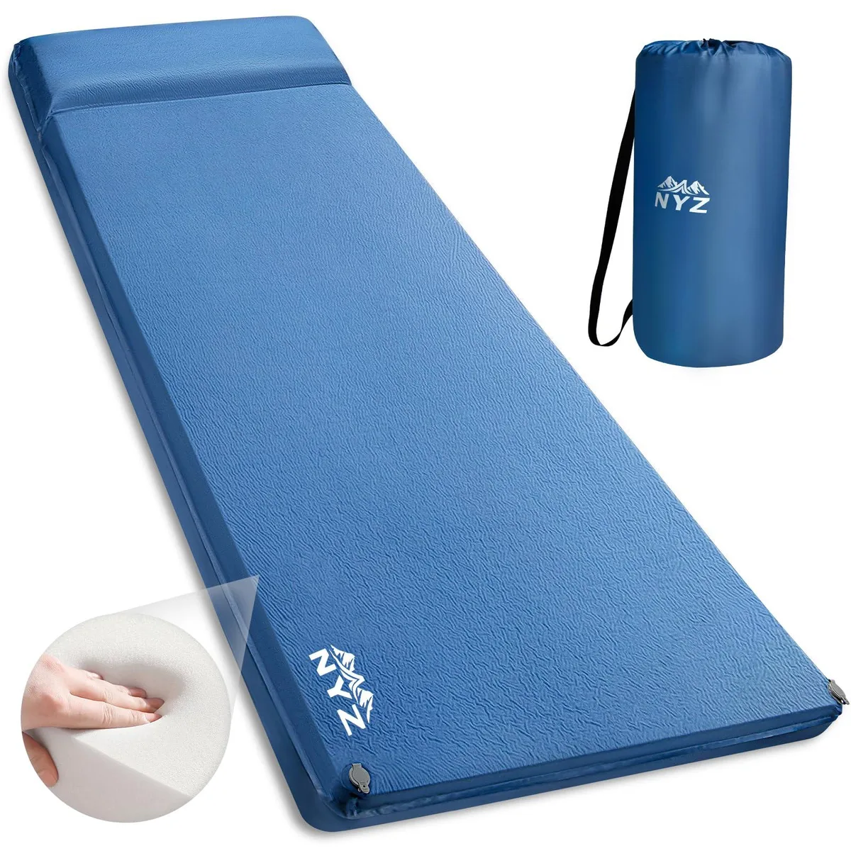 Blue rectangular self-inflating sleeping pad 77 by 27 by 3.1 inches with built-in pillow