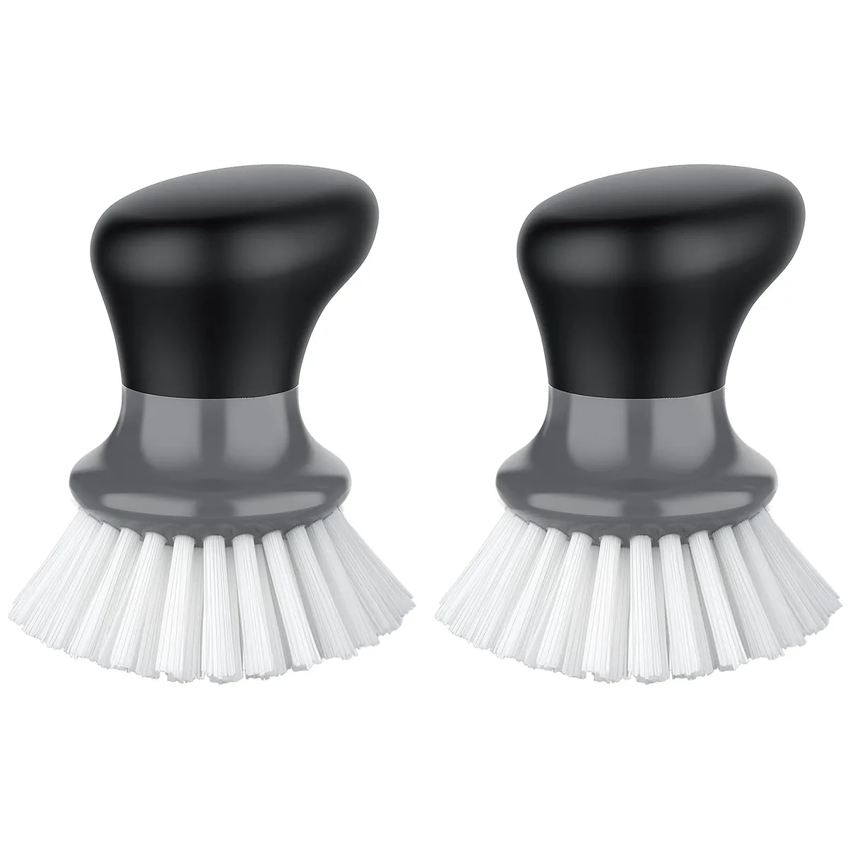 Two grey palm-sized scrub brushes with ergonomic grips