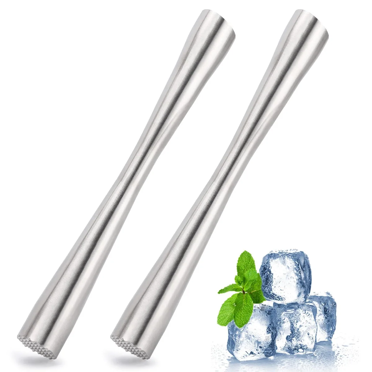 Two 10-inch 304 stainless steel muddlers with textured ends