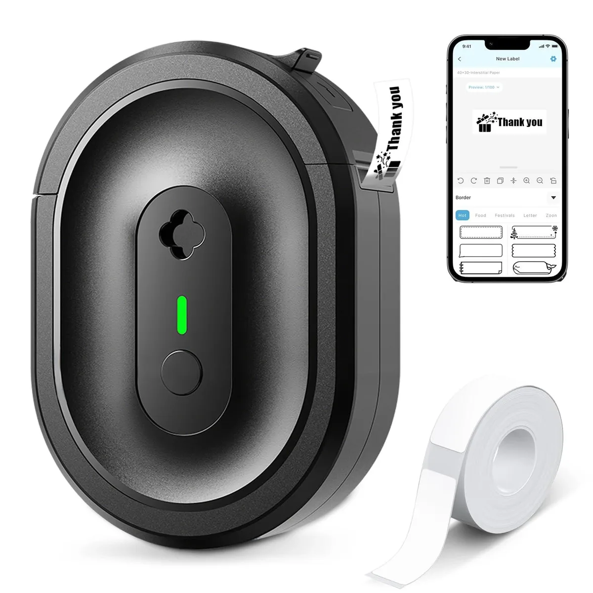 Compact black thermal label printer with Bluetooth