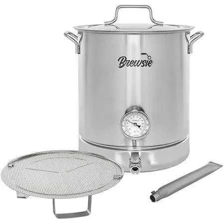 Large stainless steel brew kettle with dual filtration, 10 gallon capacity