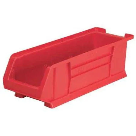Red industrial polymer storage bin with molded label area