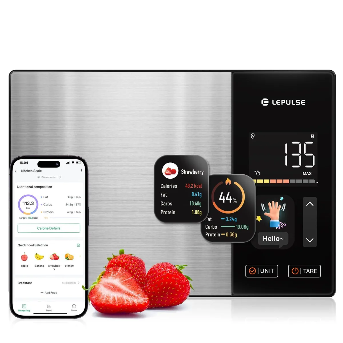 Black handheld smart food scale with stainless steel platform and colour TFT display