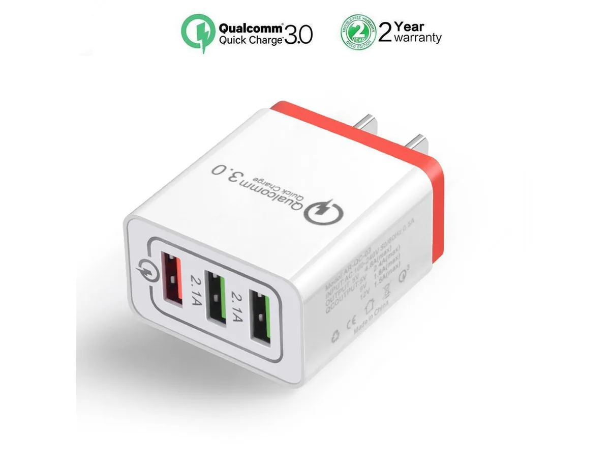 White rectangular wall charger with three USB ports and foldable US plug