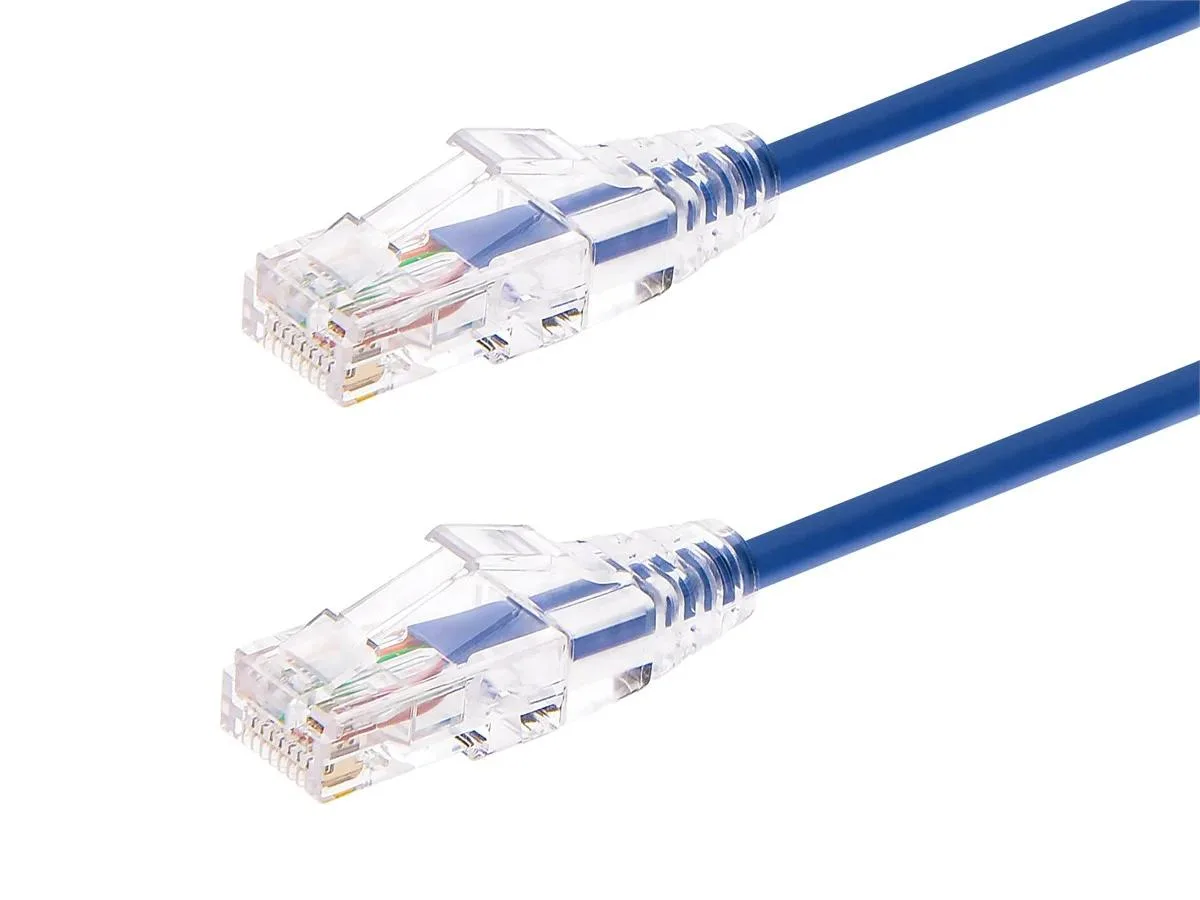 Clear ultra-slim Cat6 patch cable 2 ft with narrow snagless boots