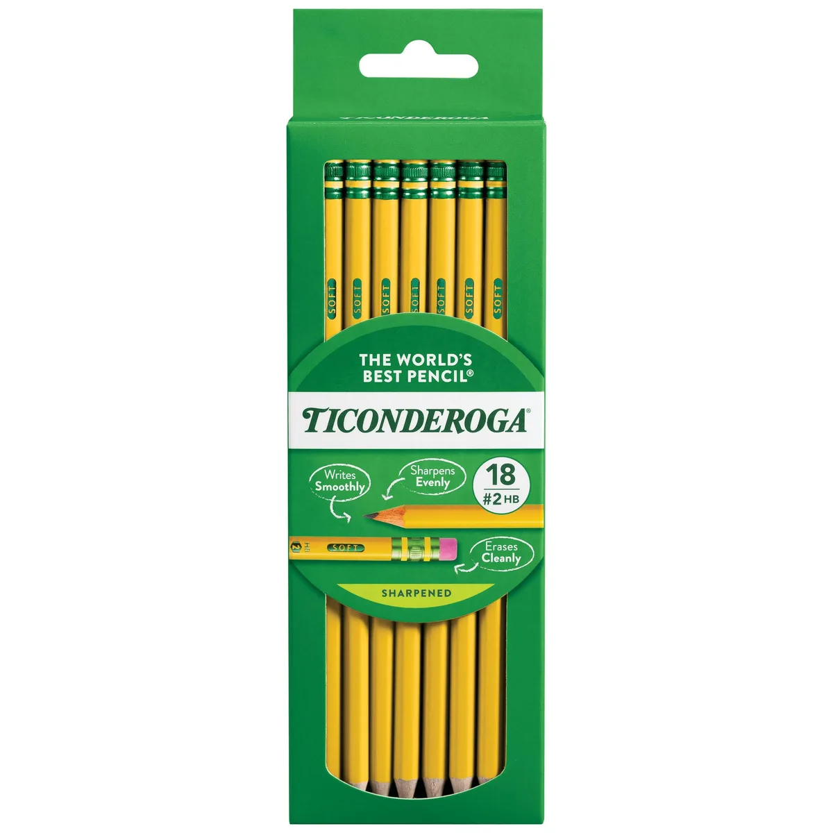 Yellow wooden #2 HB pencils with green and gold ferrules, latex-free erasers, pre-sharpened, 18 count