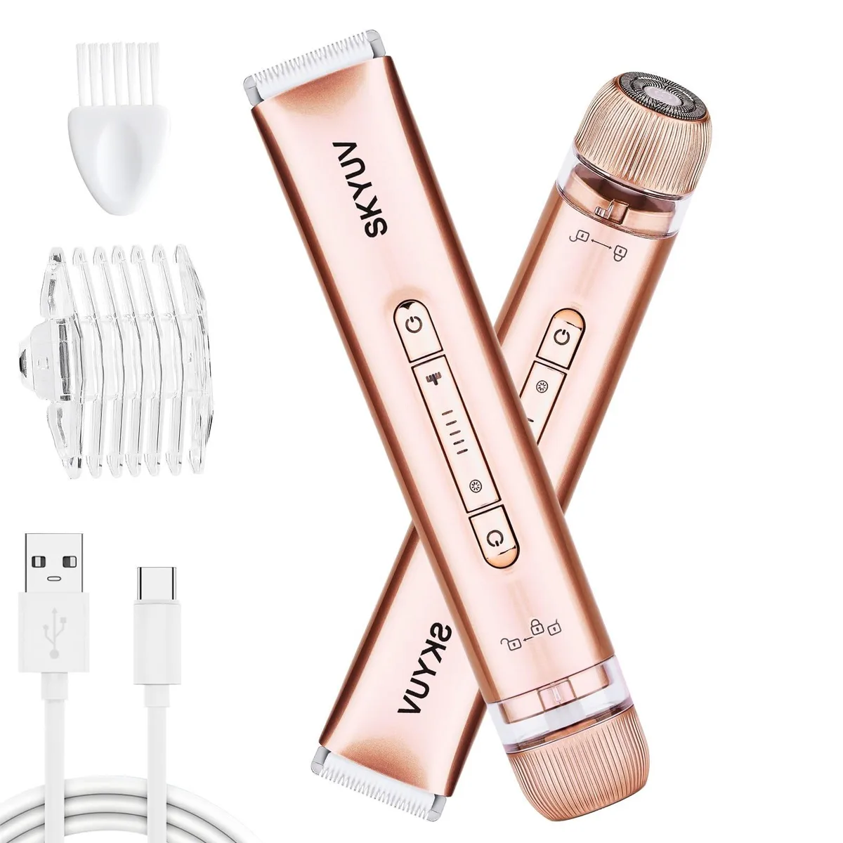 Pink cordless bikini trimmer with foil and round heads USB-C rechargeable IPX7 waterproof