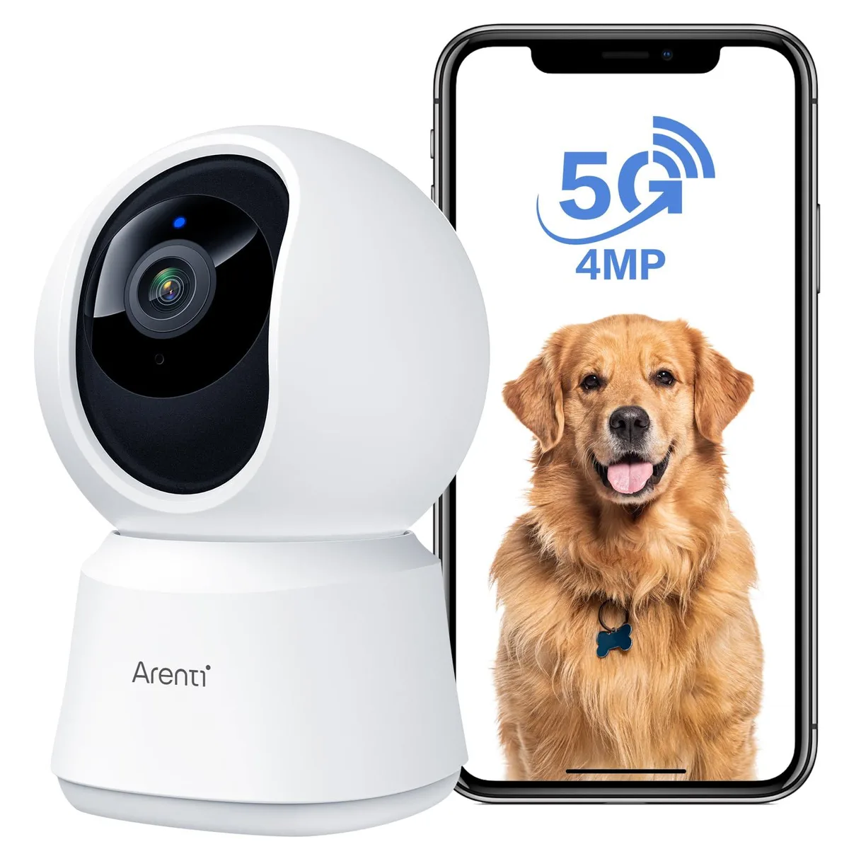 White indoor wireless camera with pan-tilt base, matte finish, front lens and speaker grille