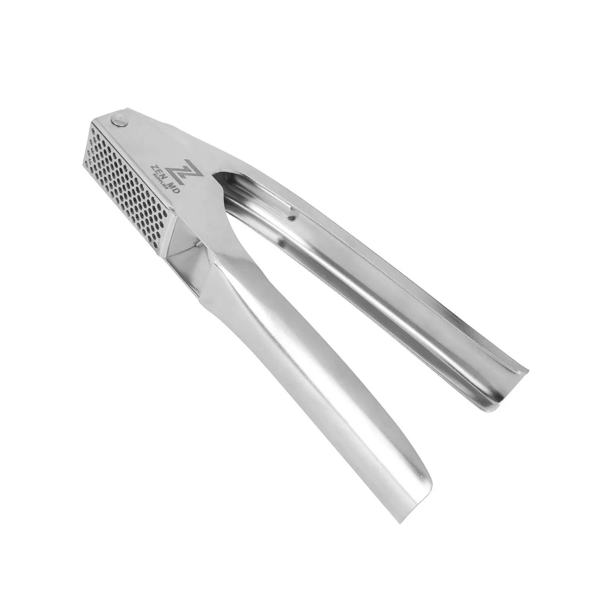 Silver stainless steel garlic press with curved handles and perforated chamber