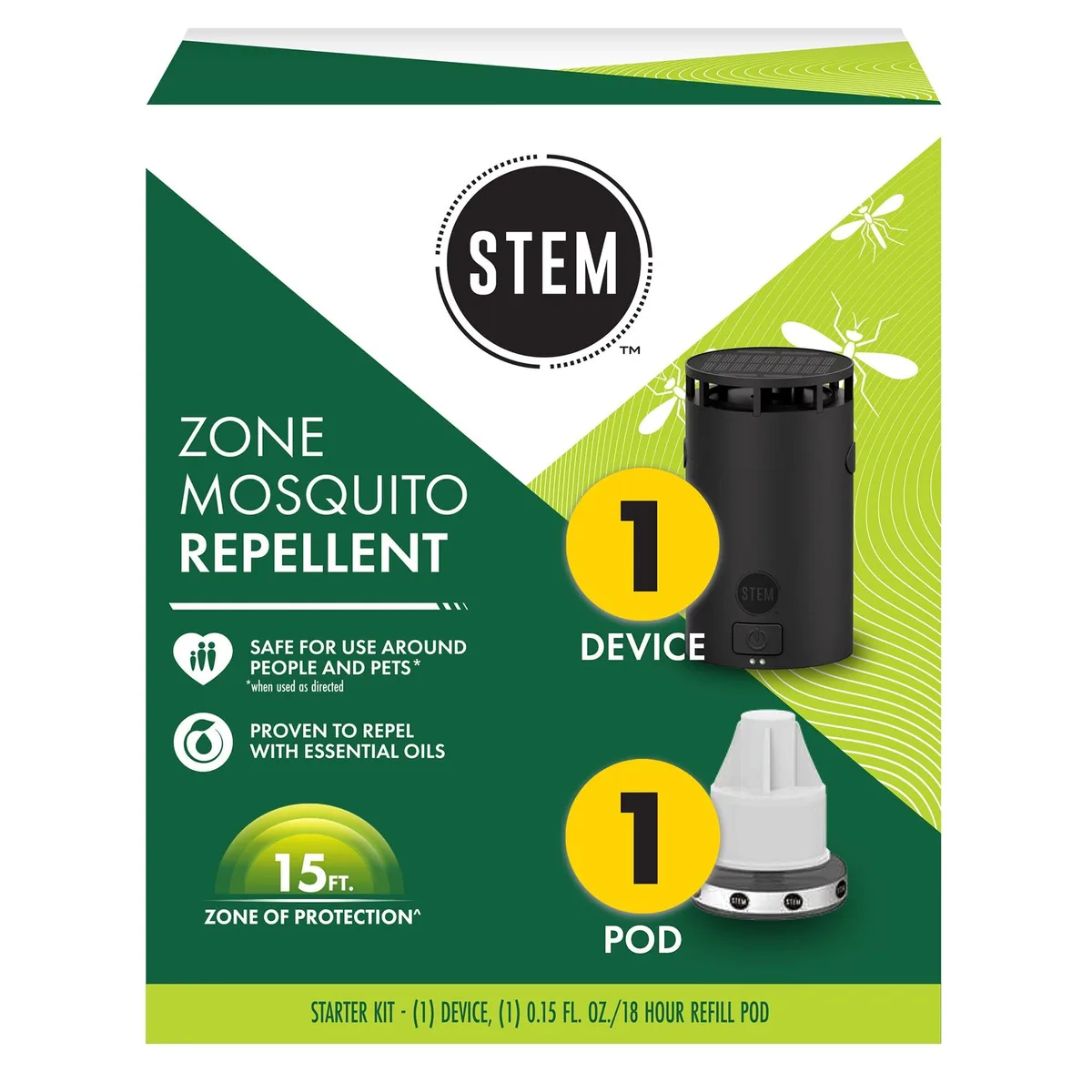 Cylindrical mosquito repellent device with solar panel top and USB-C port, includes one pod