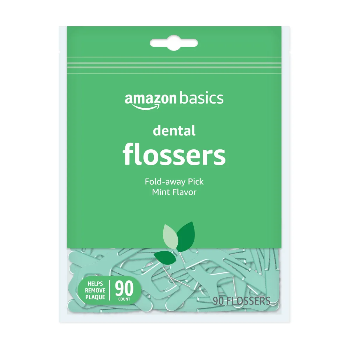 White plastic flosser handle with mint floss and fold-away pick, 90-count pack