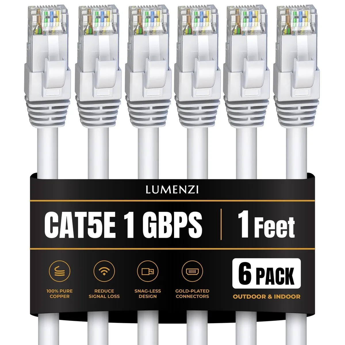 Lumenzi Lumenzi Cat 5e Ethernet Cable 1 FT White 6 Pack 1 Gbps 350 MHz — product photo