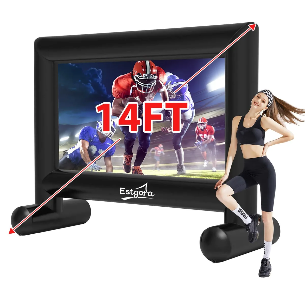 White 14FT inflatable projector screen with black frame and air blower attached