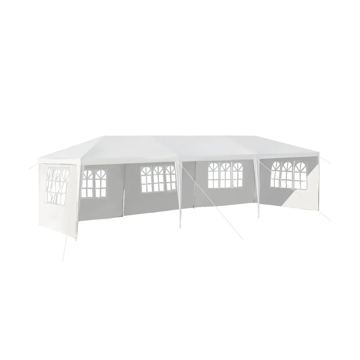 White canopy tent 10 by 30 feet with five removable sidewalls and powder-coated steel frame